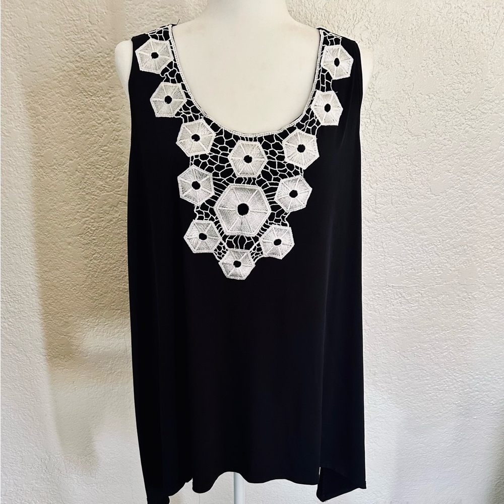 Slinky Brand Black Tank with White Crochet Yoke 1X